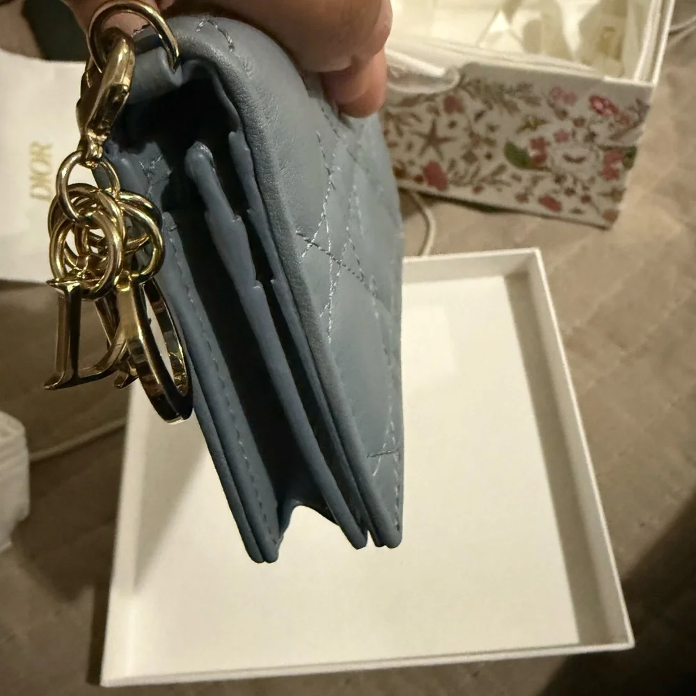 NWT Christian Dior Mini Lady Dior Gardenia Wallet in Cloud Blue Cannage Lambskin